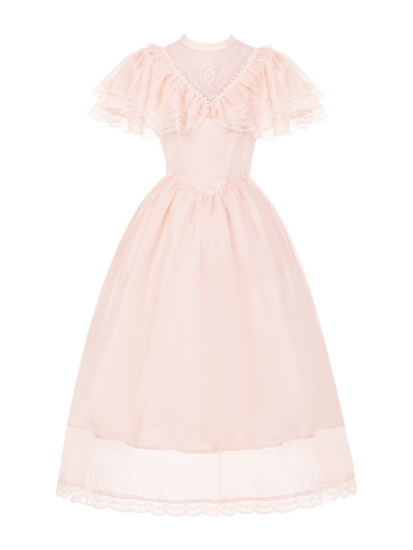 Lolita Stück Elegantes Illusionshals-Taillenkleid Baskenrosa Ein Edward-Ausschnitt