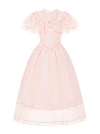 Lolita Stück Elegantes Illusionshals-Taillenkleid Baskenrosa Ein Edward-Ausschnitt