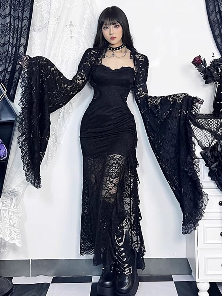 Black Lace Shrug Embroidery Sleeve Floral Trim Bell Gothic Halloween with