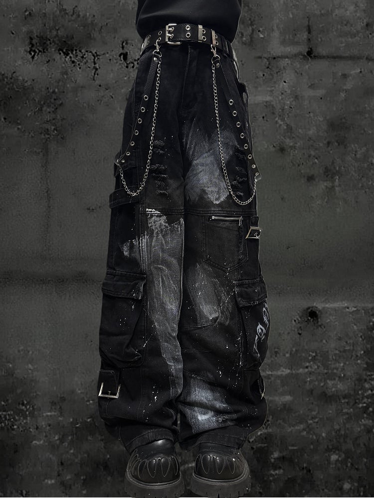 Design Cargo Black Pockets with Jeans Wide-leg Distressed