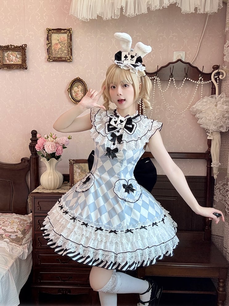 Lolita Dress OP Blue Diamond Pattern Sweet Alice in Wonderland Vibes