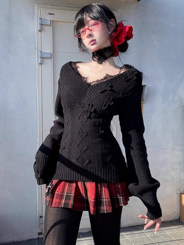 ゴシックレッドクロスチャームチェック柄ウールプリーツミニスカート