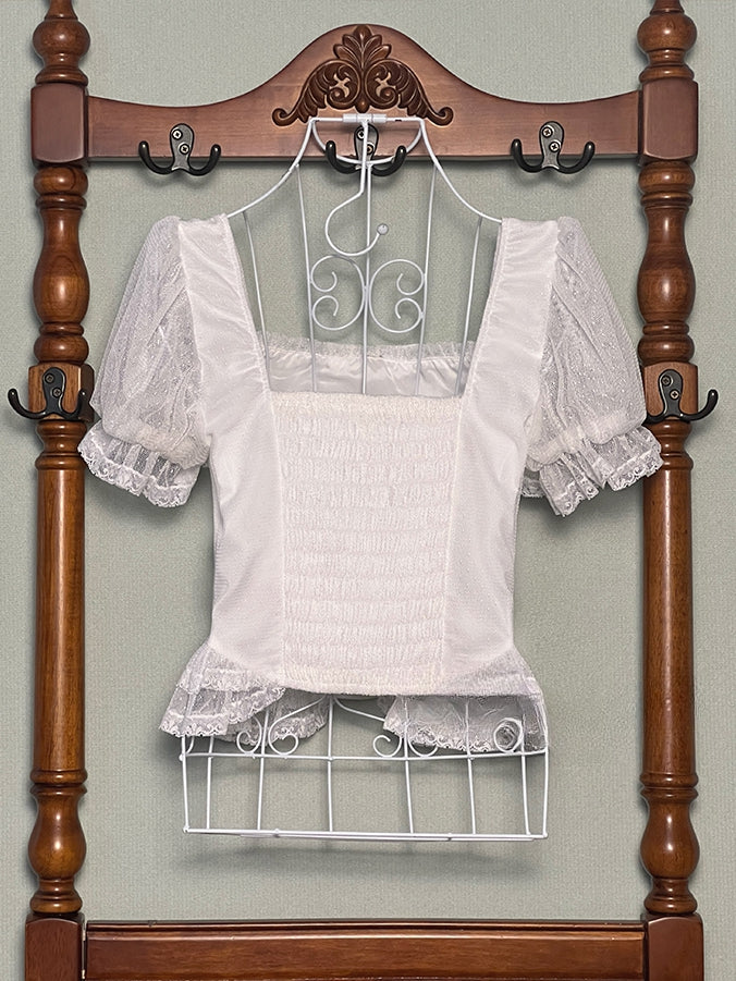 White Square Neckline Short Sleeves Blouse