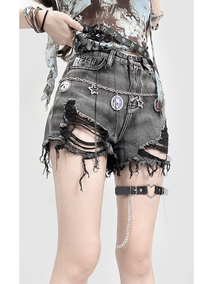 Raw Denim Holes Shorts Bittersweet Distressed Hem Gray