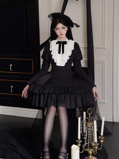 White Ruffles Bodice Black Long Juliette Sleeves Lolita Slimming Dress