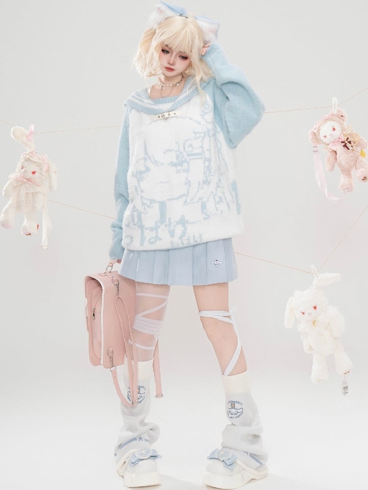 ライトブルー/ピンク/ブラック 自来也景 地雷ガールグラフィック セーラーカラーセーター