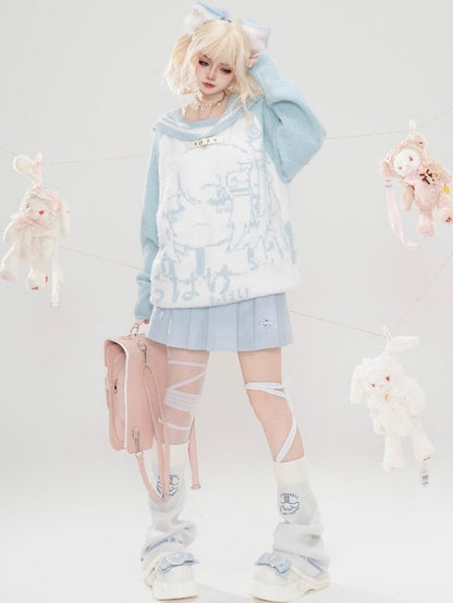 ライトブルー/ピンク/ブラック 自来也景 地雷ガールグラフィック セーラーカラーセーター