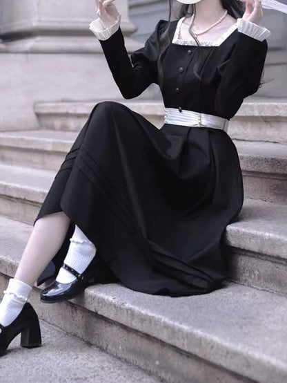 Sleeves Black Square Vintage Neck Midi Dress Elegant Juliet