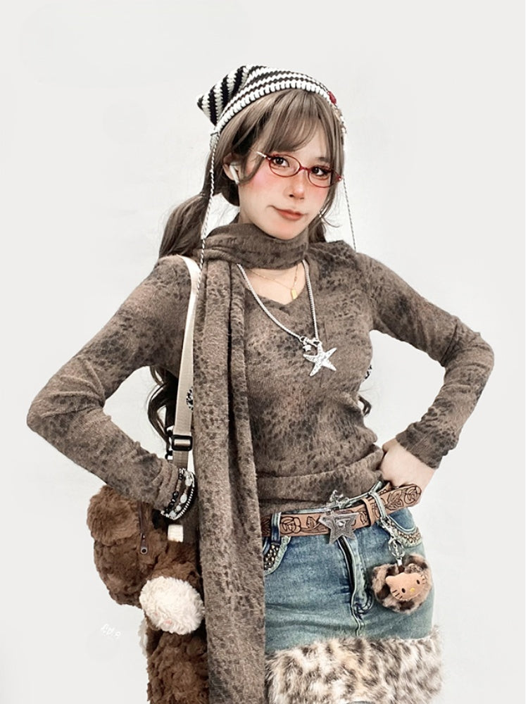 Coffee Leopard Pattern V-neck Top with Scarf