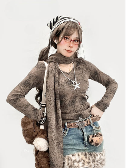 Coffee Leopard Pattern V-neck Top with Scarf