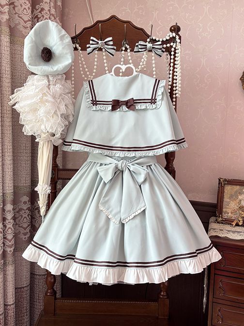 Mit Saum Cape Sailor Lolita Kragen Grün Rüschen Kleid Licht