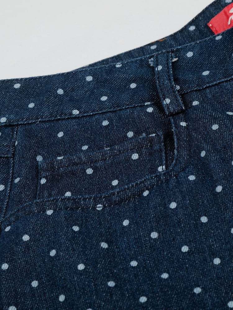 Dark Blue Wide Leg Denim Shorts with Polka Dot Pattern - Languid Park