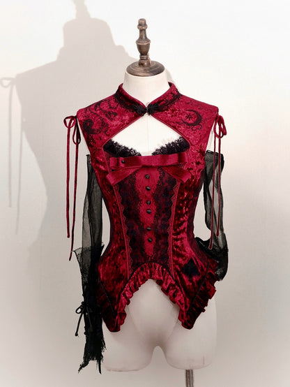 Rotes ärmelloses Cheongsam-Oberteil mit Schlangenknochen-Kragen aus Samt