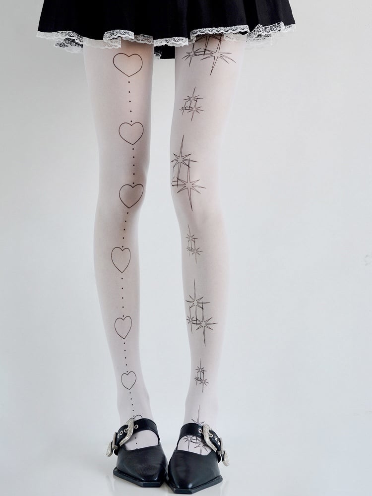 White Heart & Star Print Tights
