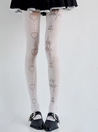 White Heart & Star Print Tights