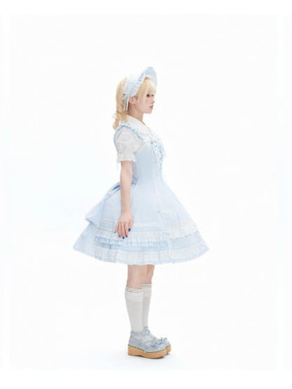 Snowfall-Themed Blue Cotton JSK Dress with Vintage Ruffle Accents