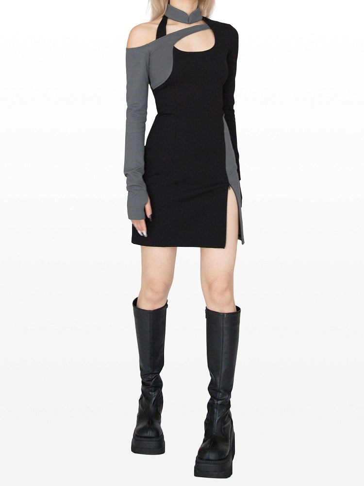 Cyberpunk Schwarz &amp; Grau Stehkragen Cutout Detail Seitenschlitz Glamouröses Kleid
