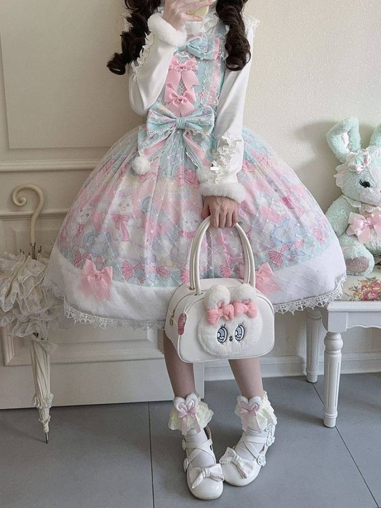 Sweet Trim with Cat Hem Lolita and Print Accents Green Bow Pink Fur Dress Light