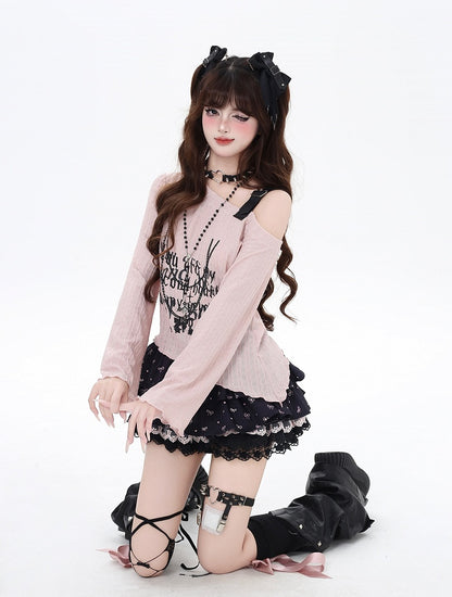 Top Pink/Black Strap Graphic Asymmetrical Neckline PU Buckle