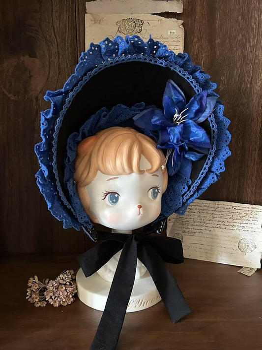 Klein Blue Black Bonnet Floral-Adorned Lolita Gothic and