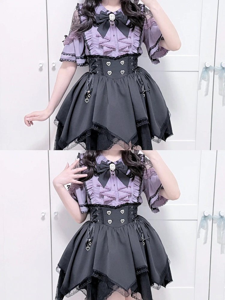 Onyx Jirai Kei High-Rise Skirt with Asymmetrical Hem and Lace Trim - Dream Core Waves