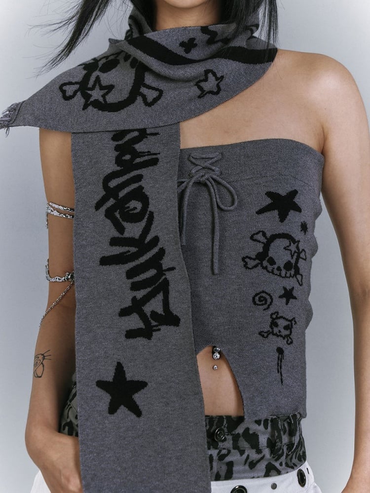 Skull + Punk Star Scarf Edgy Front Matching with Gray Slit Strapless Print Top
