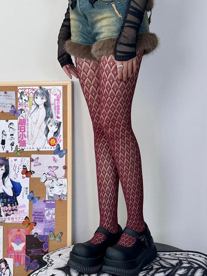 Y2K Red Pattern Diamond Cut-out Tights Wine Design