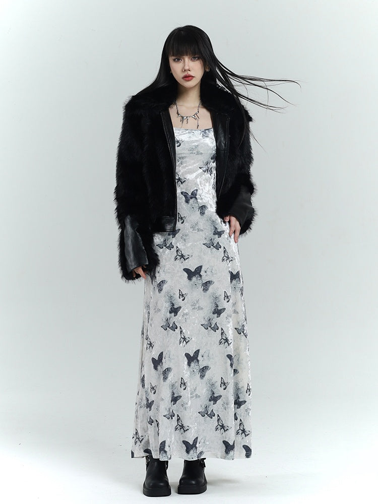 White Velvet Butterfly Print Slim-fitting Dress