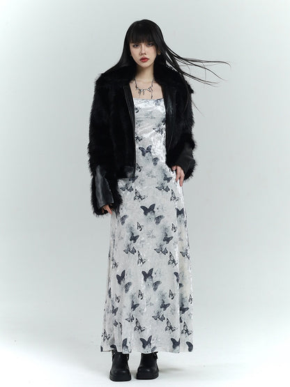 White Velvet Butterfly Print Slim-fitting Dress