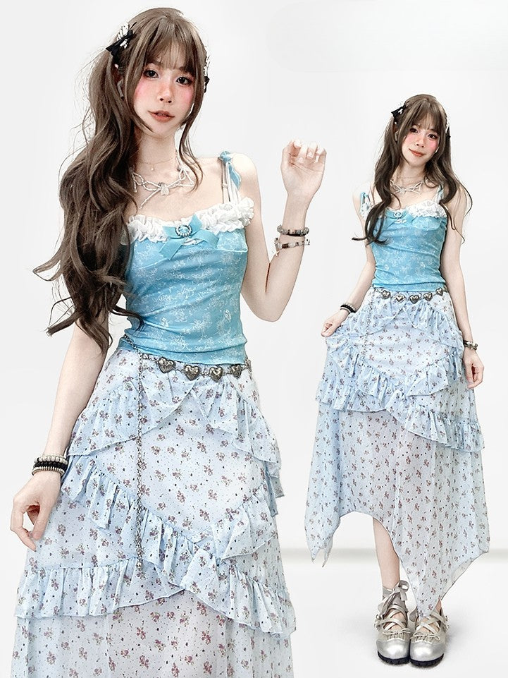 Top Holiday Trim Floral Bowknot + Details Cami Ruffles Blue