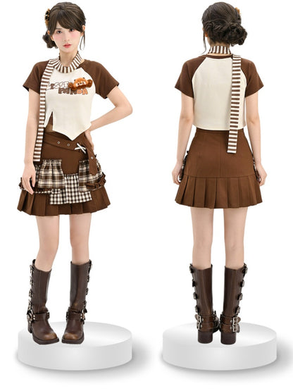 Plaid Patchwork Fashion Y2K Brown Pleated Skirt Millard