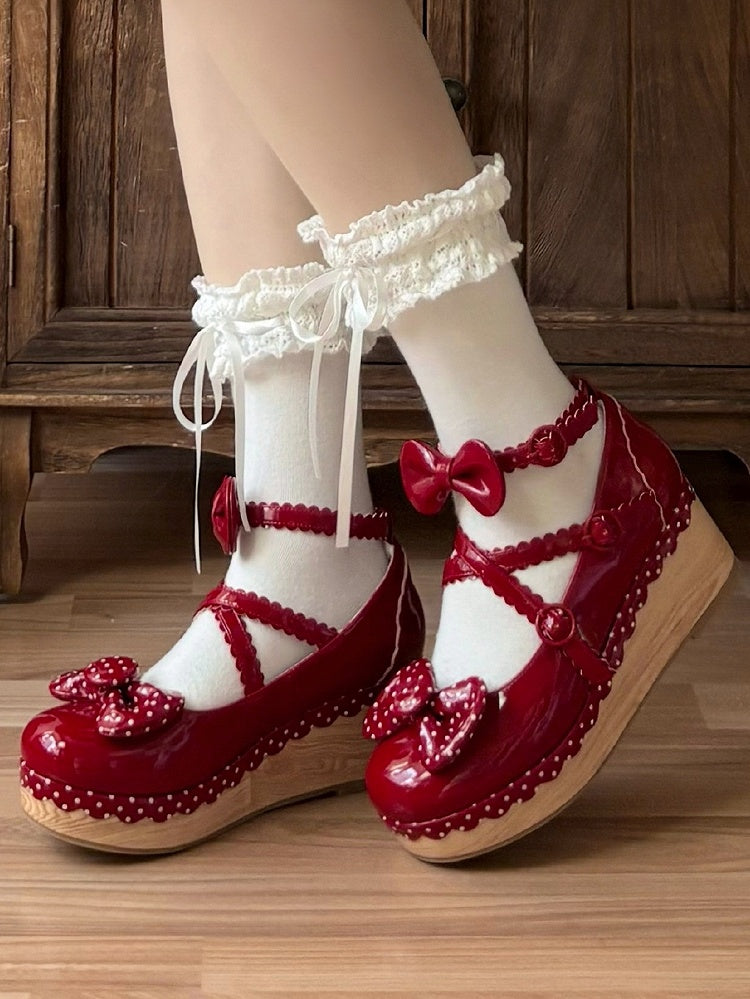 Lolita Leather Red Polka-dot PU Wedge Pattern Mary Janes Polished - Sweet