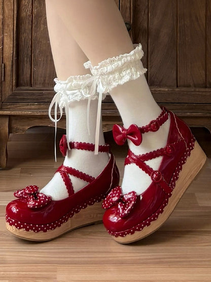Lolita Leather Red Polka-dot PU Wedge Pattern Mary Janes Polished - Sweet