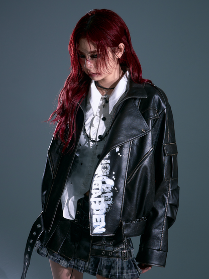 - Jacket Design Punk Distressed Print Letter PU