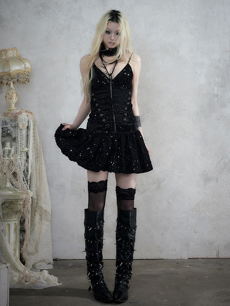 Black Double-Breasted Cami Dress with Sequin Details - NO ROMANCE