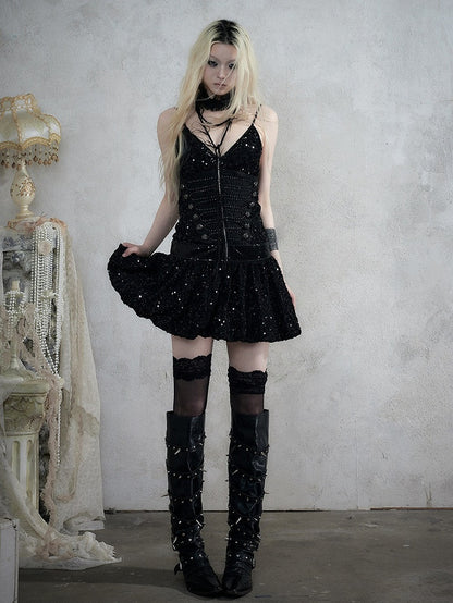 Black Double-Breasted Cami Dress with Sequin Details - NO ROMANCE