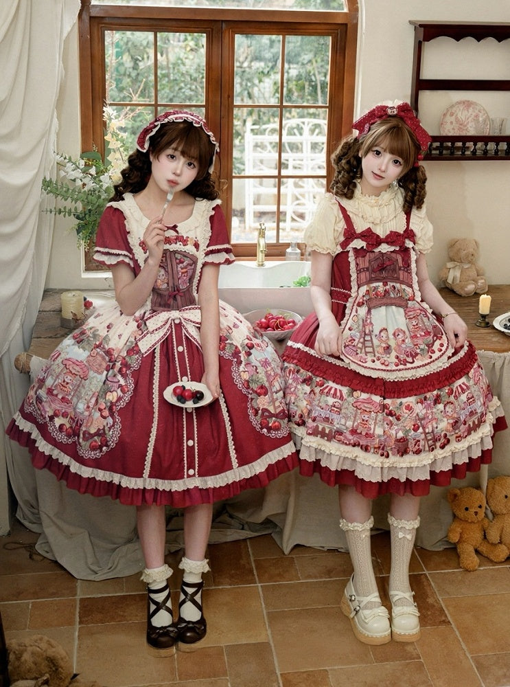 Sweetheart Puff-Sleeve Fruit Print Lolita Dress - Honey Machine