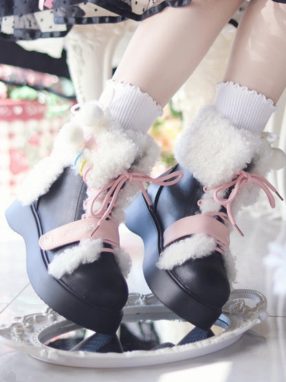 Thick Plush Lolita Closure System Decor Black Dual Boots in Rabbit Sweet with Sole Snow