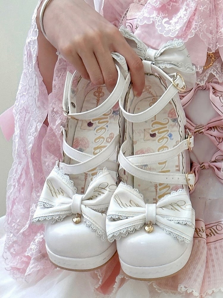 Block Heels Schnallen Hohe Schleife Abnehmbare Crisscross Design Weiß Top Herz bei