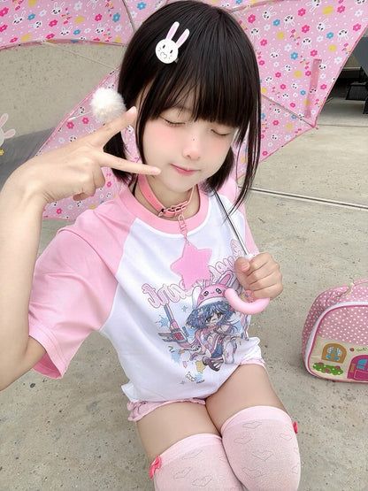 Anime Girl Print T-Shirt Star with Choker Pink and White Colorblock Design Free