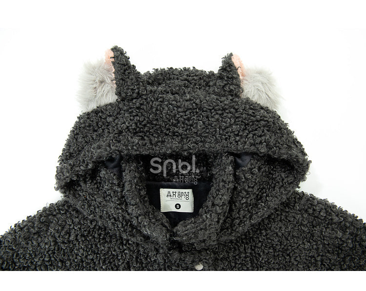 Mantel Ohren Kapuze Fleece Wolf Grau