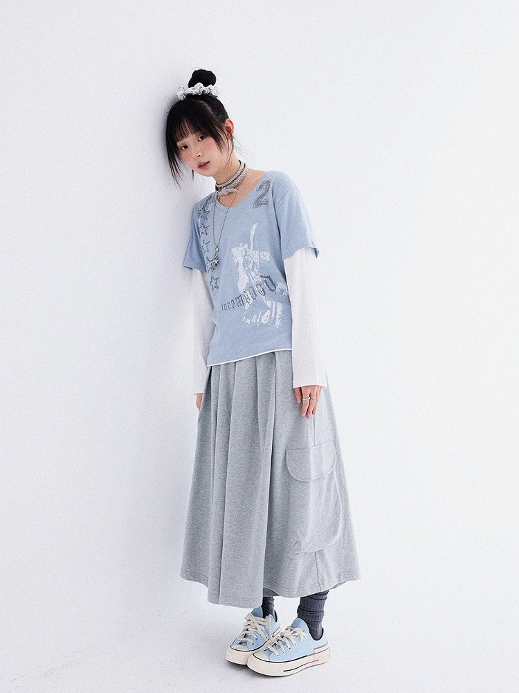 Dusty Blue Fake Two-Piece V-Neck Long Sleeve Tee with Print - innomoood