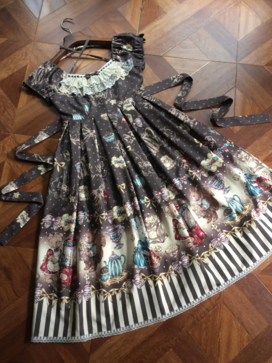 Coffee Brown Halter Lolita OP Dress with Popcorn Bear Print, Long/Short Version - Sweet Dream