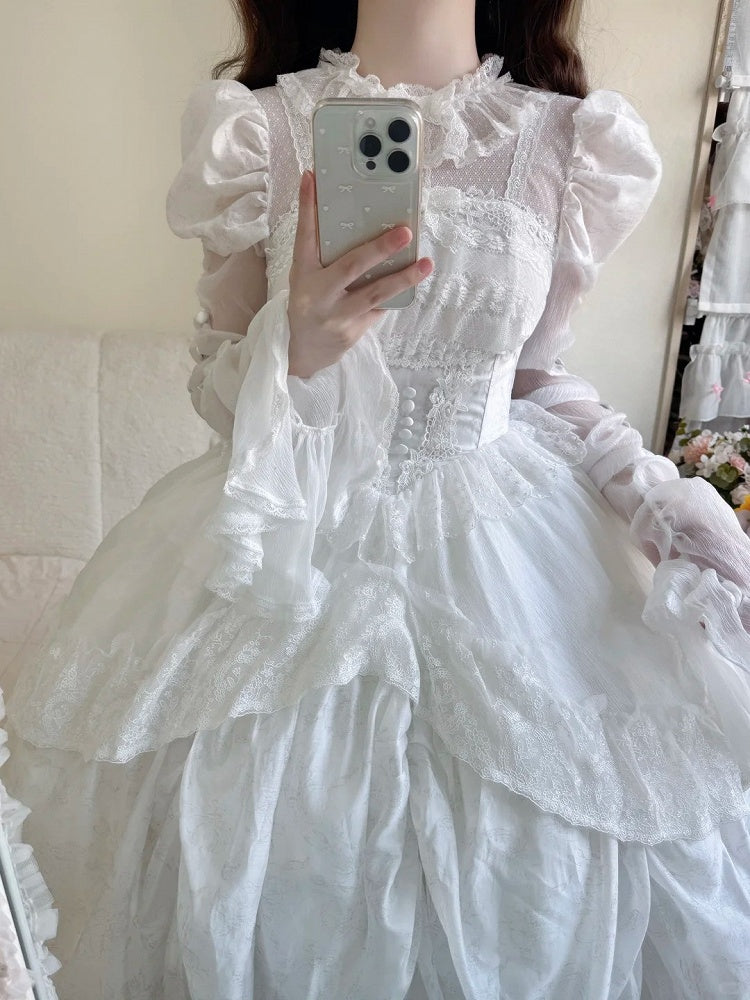 White Basque Waist Shiro Dress Drawstring Skirt Hanayome Lolita Long Sleeves One Piece