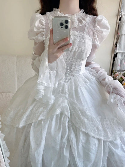 White Basque Waist Shiro Dress Drawstring Skirt Hanayome Lolita Long Sleeves One Piece