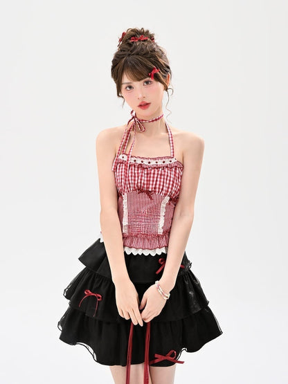 夏用レーストリム、レッドホワイトチェック柄ホルターネックトップ、ホリデー