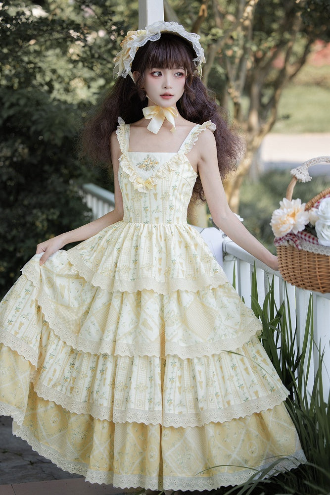 Lily and Cherry Print Yellow Natural Kei Lolita Tiered Dress - With PUJI