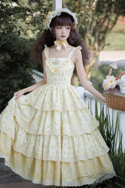 Lily and Cherry Print Yellow Natural Kei Lolita Tiered Dress - With PUJI
