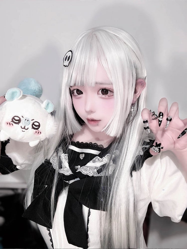 ハイライトホワイトブラック長さゴシックストレートと姫ウィッグ前髪付き80CMエアカット