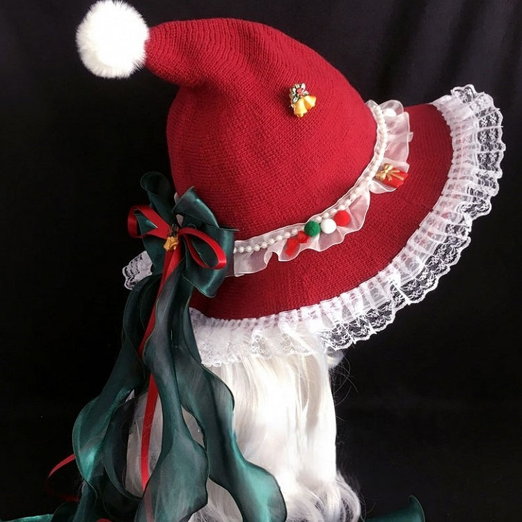 Christmas-Themed Hat Lolita with White Accents Bow Lace Red Trim